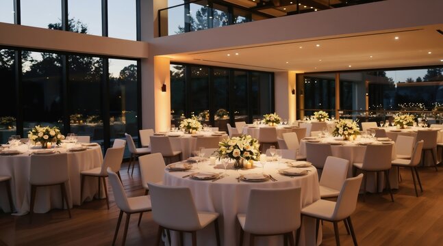 Elegant banquet hall setting with round tables adorned with white tablecloths, floral centerpieces, candlelight. Large windows offer twilight view of trees, distant city lights. Modern chairs