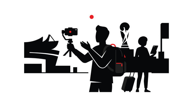Travel scene silhouette depicting a videographer tourists and city landmarks against a white background tourism black cameraman filmmaker camera tripod tourist vacation cityscape buildings urban