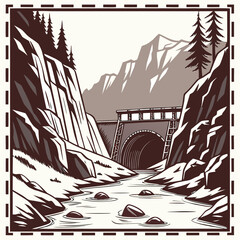 Snowy canyon landscape with a stone bridge and coniferous trees a vintage style vector illustration mountain © shahin9