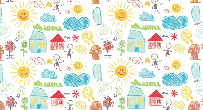 A cheerful and whimsical seamless pattern featuring colorful kids' doodle drawings isolated on a white background.