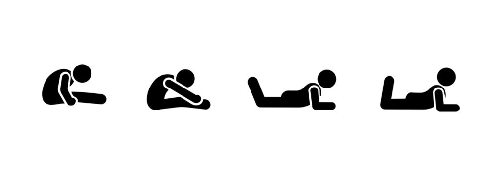 Set of stick figures doing exercise poses, isolated black human figures