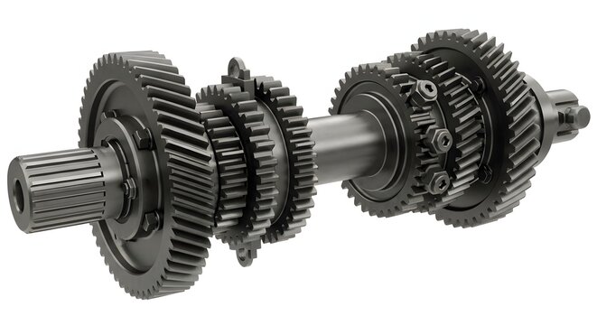 Industrial transmission gear assembly with multiple metal spur gears.