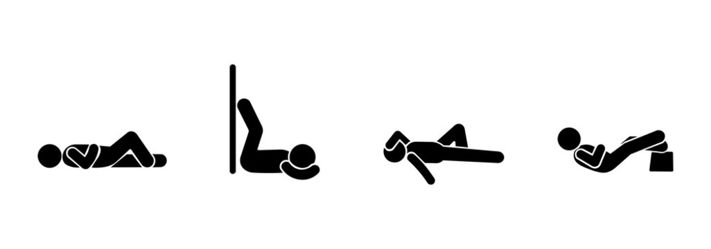 Set of human stick figure icons lying down, sad people, apathetic, depressed, human silhouette lying down