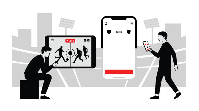Soccer match illustration with mobile devices a flat vector graphic in grayscale football sport game players stadium fans spectators phone device screen digital monochrome silhouette