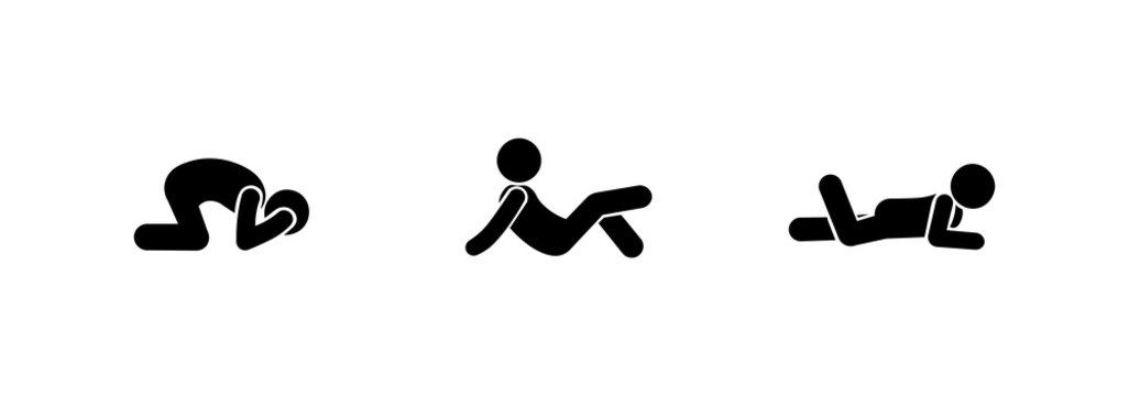 Set of icons of lying stick figures of people, sad people, apathetic, depressed, lying human silhouettes.