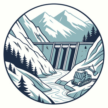 Snowy alpine landscape with construction machinery a detailed vector illustration in muted blue tones scenery mountain