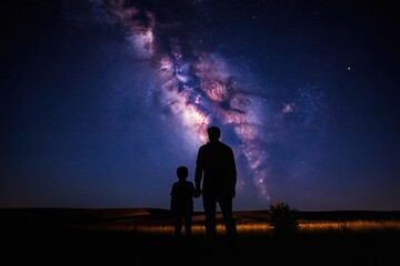 Fototapeta premium Father and child hold hands watching starry Milky Way galaxy above dark landscape. People gaze at night sky, learn astronomy, share family bonding time, dream together.