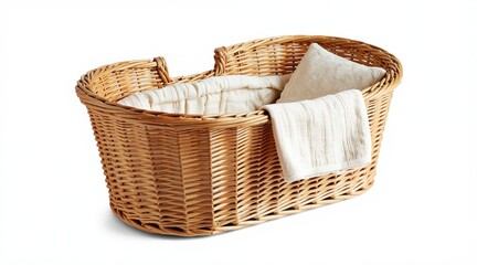 Obraz premium Natural wicker bassinet with soft bedding is perfect for newborn sleep. This compact cradle offers comfort and cozy space for baby. Lightweight design for easy portability and home use.