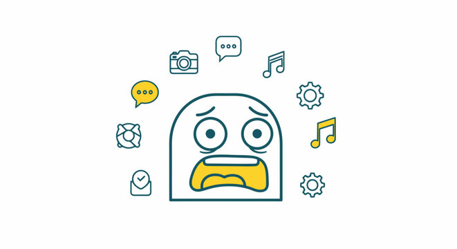 Distressed cartoon face surrounded by small icons representing digital communication and media conveying a sense of being overwhelmed or overloaded by too much information and constant