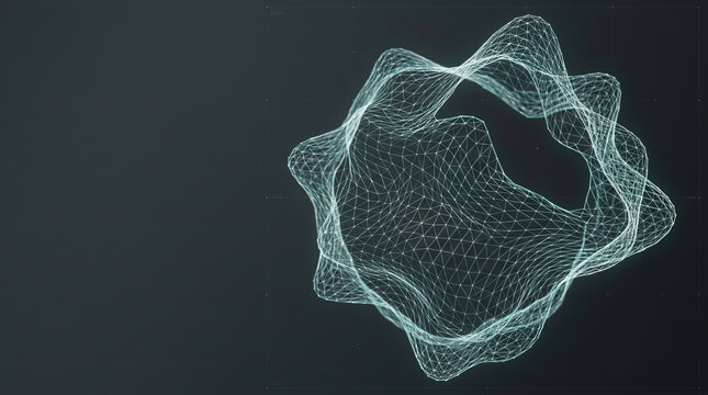 Abstract 3D wireframe mesh sphere floating in dark digital space with glowing cyan grid lines forming complex geometric pattern