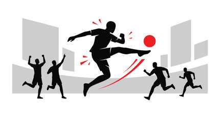 Obraz premium Soccer players silhouette against a white background depicting a dynamic game scene athlete athletics ball competition energy exercise football goal graphic illustration kicking match movement