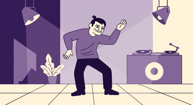 Animated character with topknot dancing energetically near a dj booth with turntables and speakers under spotlights creating a lively atmosphere at a party