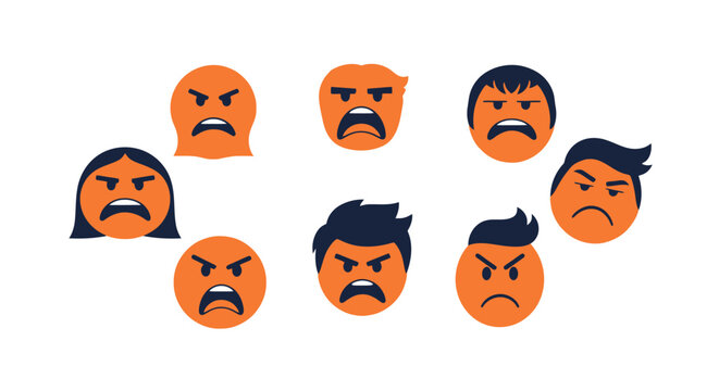 Diverse Group Expressions of Intense Frustration and Anger Portrayed Through Stylized Emoticons and Faces Conveying Negative Emotions and Aggression in a Visual Collection