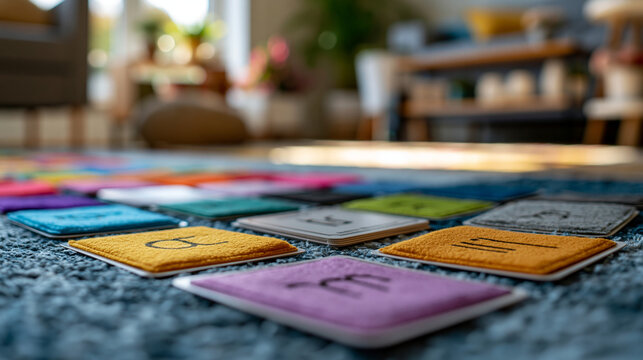 A close up of soft early literacy flashcards arranged on a bright sunny classroom rug in calm daylight literacy flashcards faceless still softly defocused backdrop modern