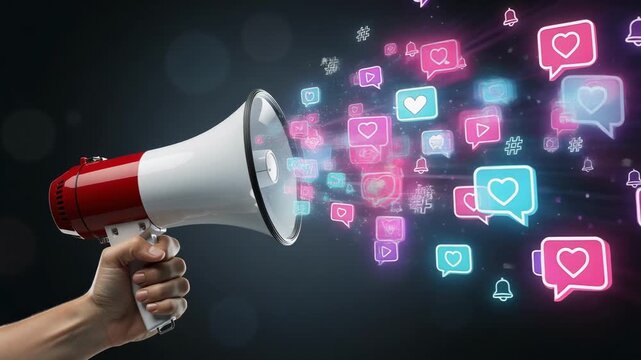Hand holding megaphone with glowing social media icons like likes hearts and notifications