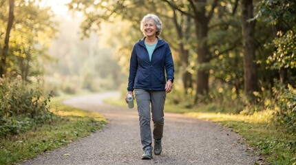 Fototapeta premium Senior woman walking outdoors on forest trail during autumn morning with soft sunlight perfect for National Osteoporosis Month