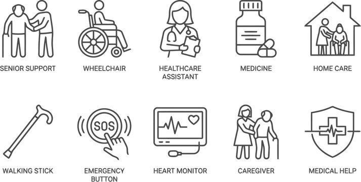 Elderly care icons set: senior support, wheelchair, healthcare, medicine, home care