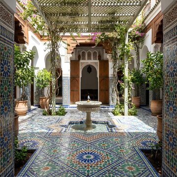 Moroccan Riad Courtyard with Zellige Tiles and Fountain