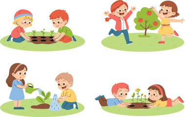 Obraz premium Children gardening activity collection with planting watering harvesting and nature learning cartoon vector illustration set