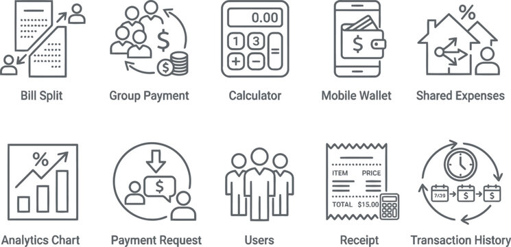 Financial icons set for payment and expense management