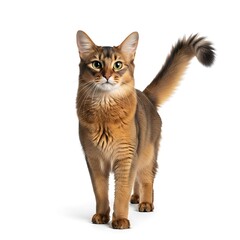 Fototapeta premium Sleek, elegant feline with striking amber eyes and bushy tail stands proudly