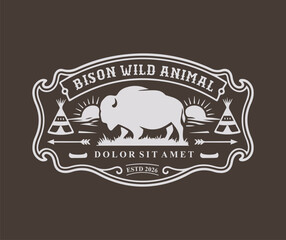 Vintage Bison Wild Animal Logo Label with Native American Teepee Vector © Ayana
