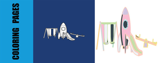 Playground equipment coloring page set featuring rocket ship slide and swings © JAHIDUL STOCK