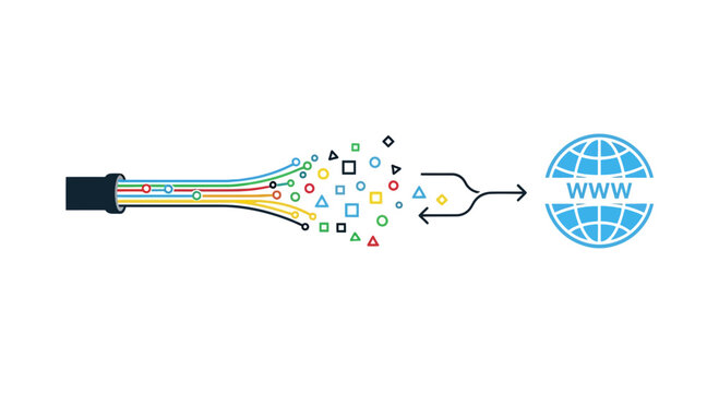A conceptual illustration showing data flow from a cable to the internet.