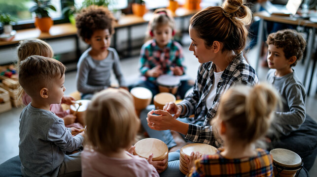 A European pedagogue viewed from above guides children softly through a bright calm music therapy circle in a sunny classroom in soft daylight music therapy faceless top view