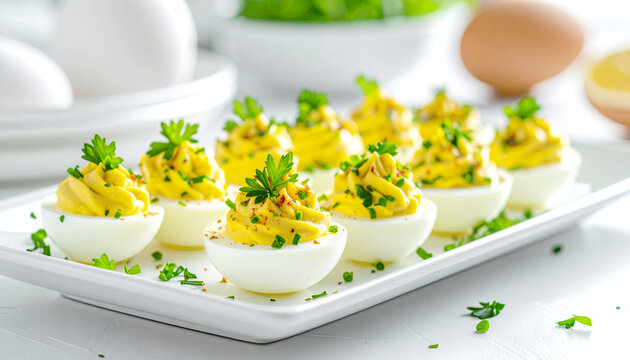 Devilled eggs garnished with parsley, summer cookout food. AI
