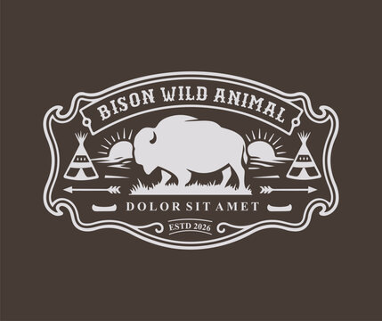 Vintage Bison Wild Animal Logo Label with Native American Teepee Vector