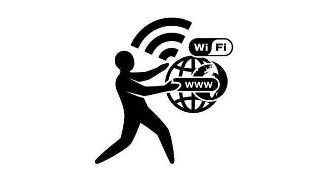 A stylized black silhouette of a person interacting with global internet and wireless connectivity symbols.