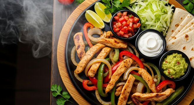 Sizzling chicken fajitas with colorful peppers, onions, and dips, steaming hot