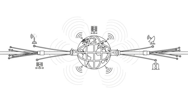 Global communication network diagram with interconnected data cables and wireless signals.