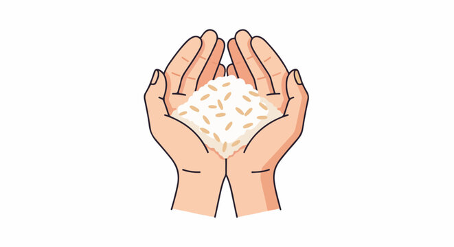 cupped hands hold a pile of uncooked white rice grains