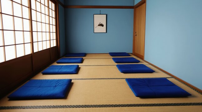 Japanese room with tatami mats and blue cushions arranged for meditation or tea ceremony. Natural light streams through shoji screens, creating a serene atmosphere.