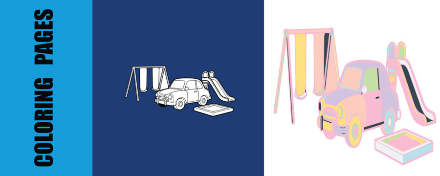 Playground coloring page set featuring a cute toy car slide and swing set