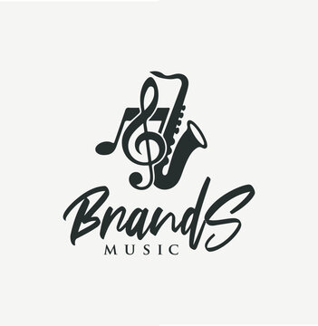 Minimalist Saxophone Jazz Music Logo with Treble Clef and Note Vector