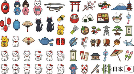 Japanese Culture Icon Set with Lucky Cat, Geisha, Samurai, Torii Gate, Sushi, Bonsai, Lantern, and Traditional Symbols in Colorful Cartoon Style © MstJuli