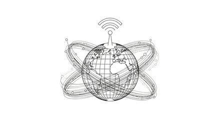Wireframe globe illustration with orbiting rings and a wireless signal icon. © Shal_Kafa_Alfattah