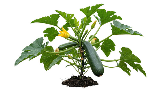 Zucchini plant with ripe green marrow and yellow flowers, organic vegetable garden bush, fresh homegrown courgette growing in soil isolated PNG with Transparent Background