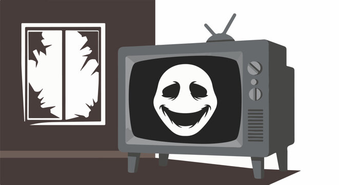 Old television screen displays a spooky, grinning face; adjacent broken window