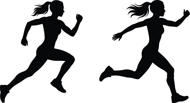 Vector silhouette of running women, female athlete sprinting, fitness and training isolated on white background