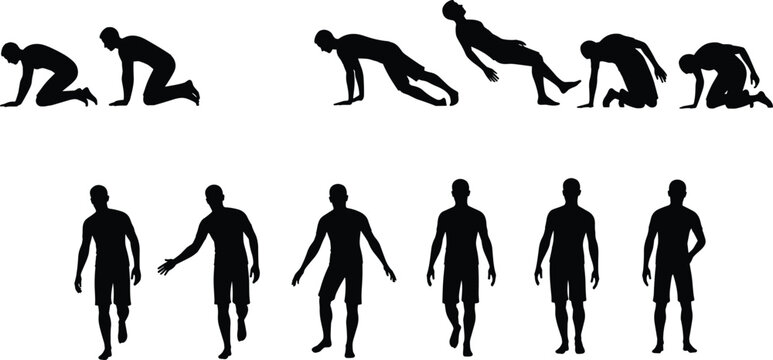 Silhouette set of a man crawling kneeling and walking, collection of male figures in various motion and fitness poses isolated vector graphic.