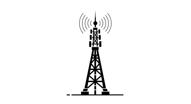 A black silhouette illustration of a telecommunications tower emitting radio signals.