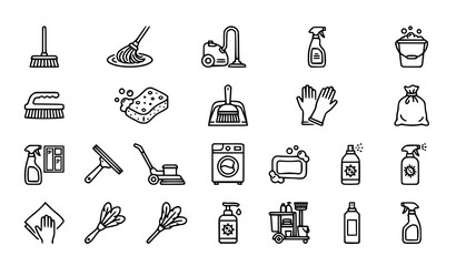 Modern Cleaning Service Line Icons Set with Hygiene Tools and Cleaning Equipment Vector © MdMoymul