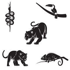 Obraz premium Collection of black animal silhouettes including panther, chameleon, toucan, and snake