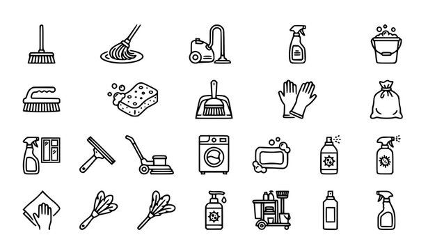 Modern Cleaning Service Line Icons Set with Hygiene Tools and Cleaning Equipment Vector