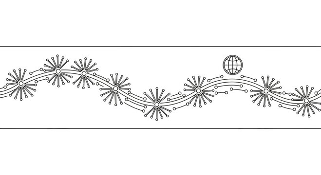 A decorative border illustration featuring stylized dandelion flowers and a globe icon.