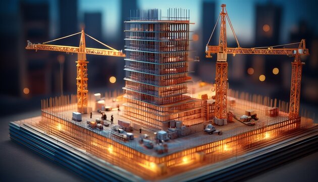 miniature buildings under construction with cranes and scaffolding tiny foundation being laid brick by brick skyscraper with glowing windows and tiny pathways